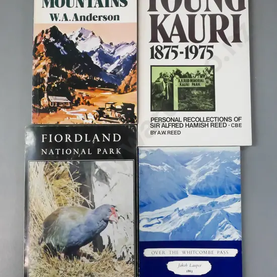 4x books: Doctor in the Mountains (WA Anderson, 1974 Collins); Fiordland National Park (G Hall-Jones ed., 1961); Over