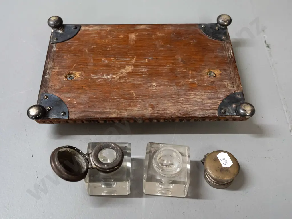 vintage desk set - plated & wooden base with bun feet, 2 glass inkwells with plated hinged tops, 1906 monogram Image 1++