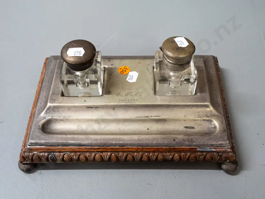 vintage desk set - plated & wooden base with bun feet, 2 glass inkwells with plated hinged tops, 1906 monogram Image 1++