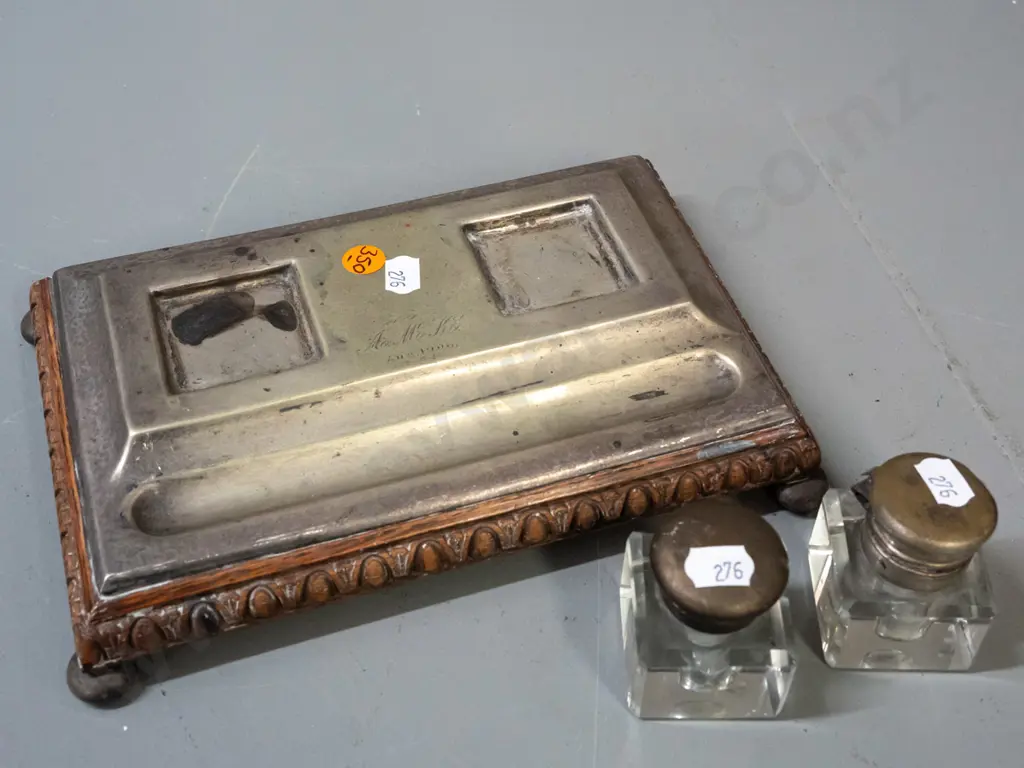 vintage desk set - plated & wooden base with bun feet, 2 glass inkwells with plated hinged tops, 1906 monogram Image 1++
