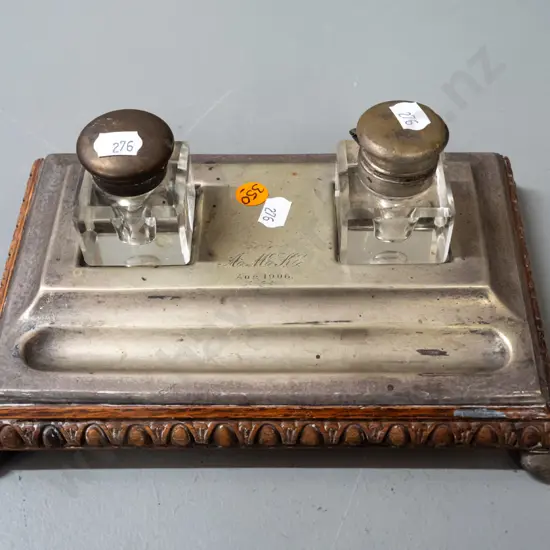 vintage desk set - plated & wooden base with bun feet, 2 glass inkwells with plated hinged tops, 1906 monogram