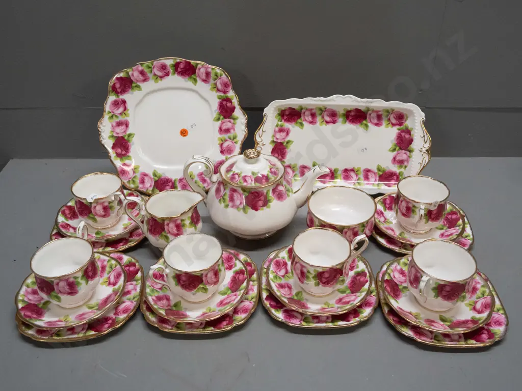Royal Albert Old English Rose tea set with teapot, cream & sugar, 6 trios, cake & sandwich plates - sandwich plate has , Image 1++