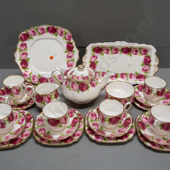 Royal Albert Old English Rose tea set with teapot, cream & sugar, 6 trios, cake & sandwich plates - sandwich plate has ,