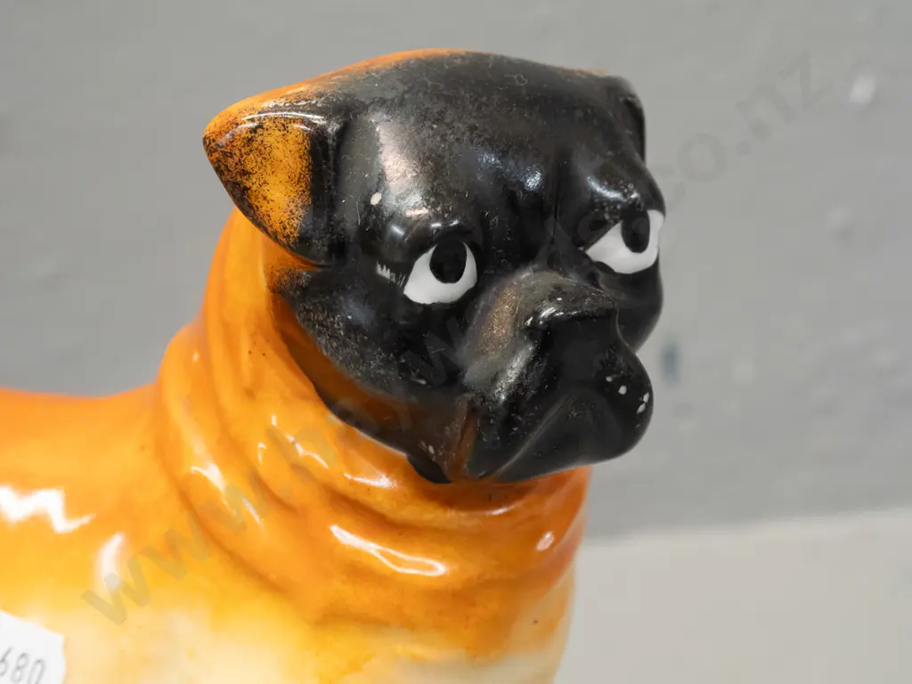 2 dog figures - Beswick begging Pekinese H-120 and a vintage pug, no maker's marks H-165 L-180. Pug has minor chipping Image 1++