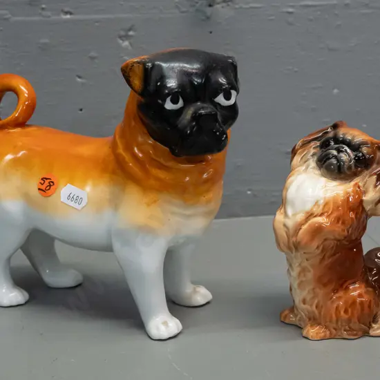 2 dog figures - Beswick begging Pekinese H-120 and a vintage pug, no maker's marks H-165 L-180. Pug has minor chipping