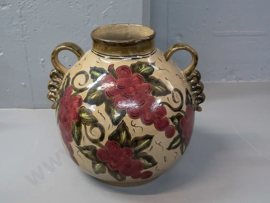 Mexican pottery vase hand-painted grapes pattern speckled glaze w/ applied handles H-300 W-330 Image 1++