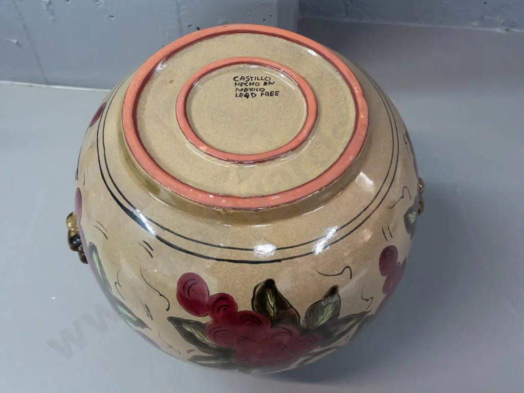 Mexican pottery vase hand-painted grapes pattern speckled glaze w/ applied handles H-300 W-330 Image 1++