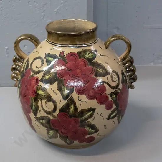 Mexican pottery vase hand-painted grapes pattern speckled glaze w/ applied handles H-300 W-330