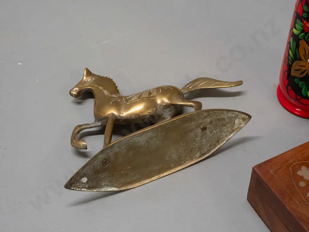 bottle of Russian brandy in hand painted wooden doll case H-220, brass horse on mounting plate, mahogany box with Image 1++