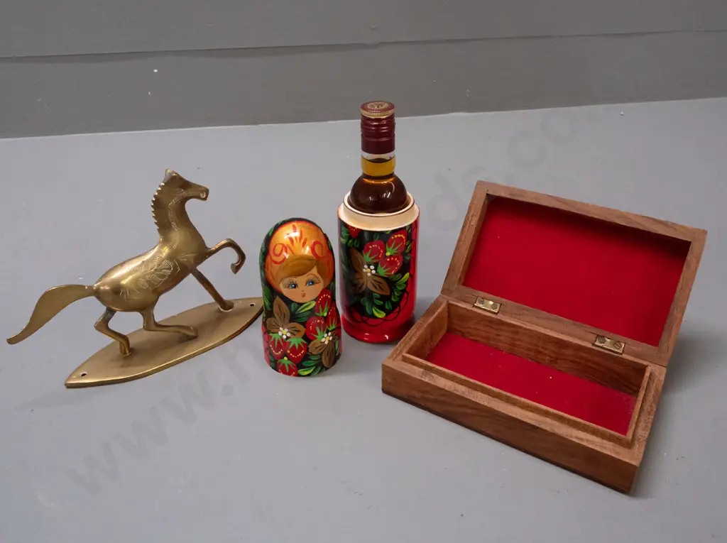 bottle of Russian brandy in hand painted wooden doll case H-220, brass horse on mounting plate, mahogany box with Image 1++