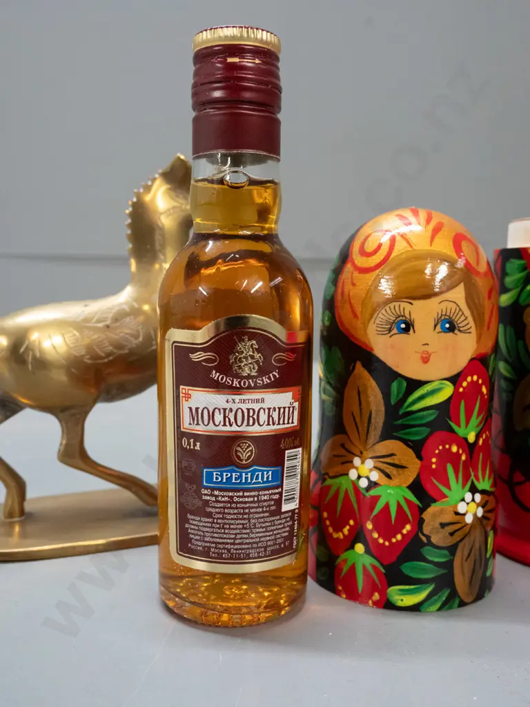 bottle of Russian brandy in hand painted wooden doll case H-220, brass horse on mounting plate, mahogany box with Image 1++