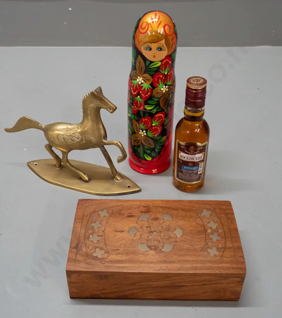 bottle of Russian brandy in hand painted wooden doll case H-220, brass horse on mounting plate, mahogany box with Image 1++