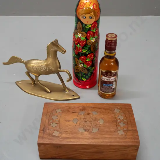 bottle of Russian brandy in hand painted wooden doll case H-220, brass horse on mounting plate, mahogany box with