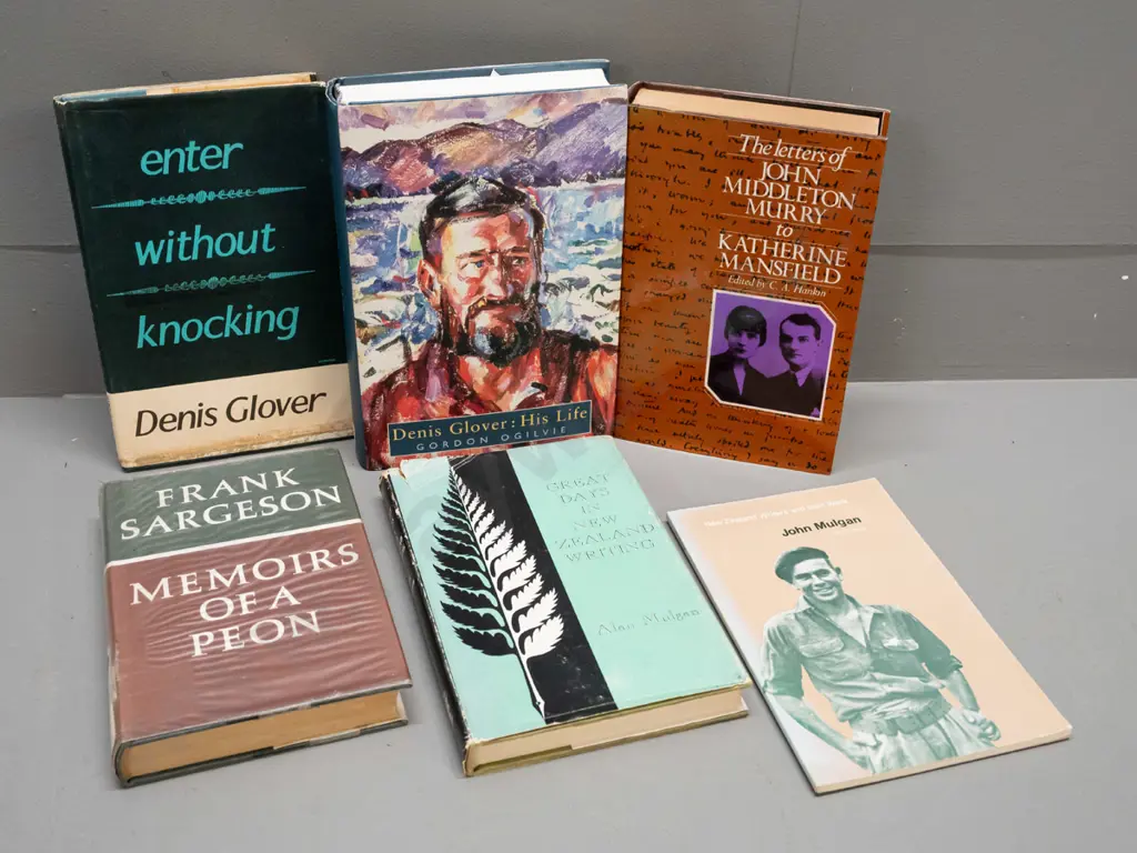 6 NZ literary books - 5 hard cover, Denis Glover, Frank Sargeson, Alan Mulgan, John Mulgan etc - see photos. One is Image 1++