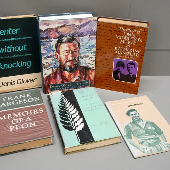 6 NZ literary books - 5 hard cover, Denis Glover, Frank Sargeson, Alan Mulgan, John Mulgan etc - see photos. One is