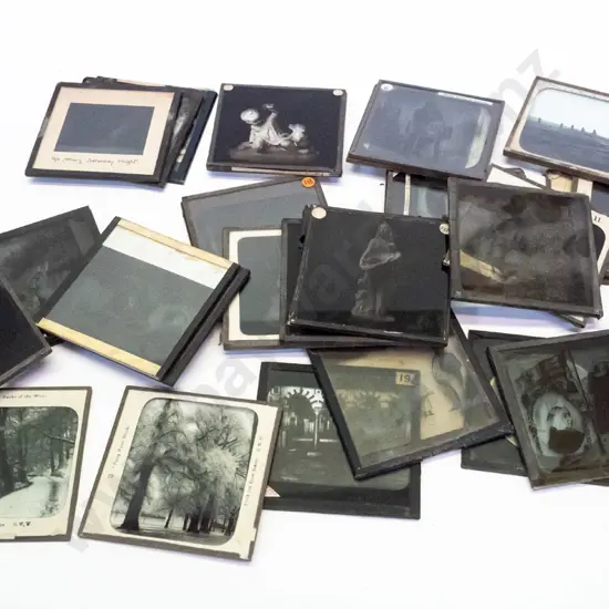 35 vintage glass lantern slides - assorted scenic views, animals, sculpture, royal portraits etc. Varying conditions, w/