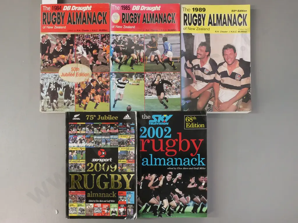 5x Rugby almanacs: 1984-85, 1989, 2002, 75th Jubilee 2009. Image 1++