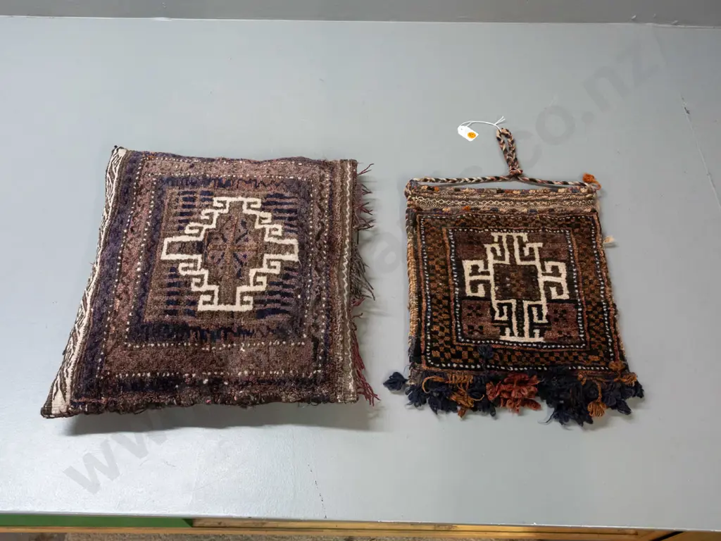 2 Turkish / tribal style hand-knotted wool  items - small bag with knotted frilled edge, one cushion with some fading, Image 1++