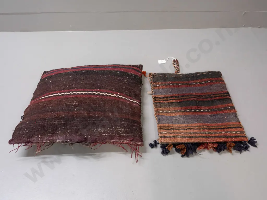 2 Turkish / tribal style hand-knotted wool  items - small bag with knotted frilled edge, one cushion with some fading, Image 1++
