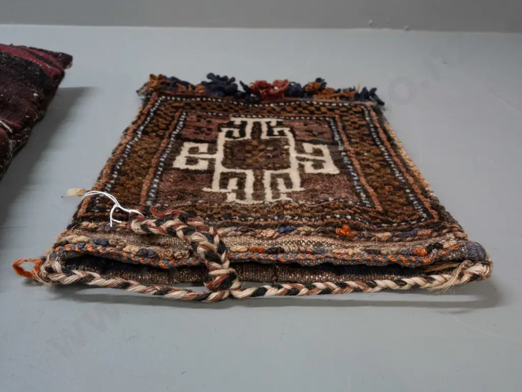 2 Turkish / tribal style hand-knotted wool  items - small bag with knotted frilled edge, one cushion with some fading, Image 1++