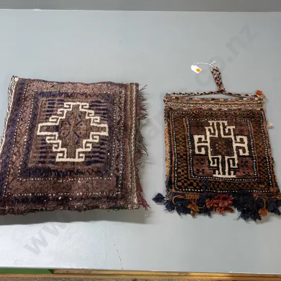 2 Turkish / tribal style hand-knotted wool  items - small bag with knotted frilled edge, one cushion with some fading,