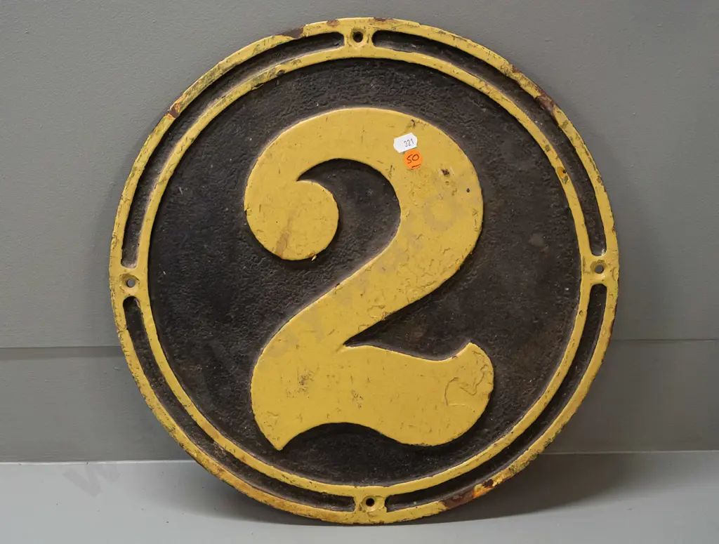 heavy cast iron railway / locomotive plaque with number 2 in yellow - paint wear and some corrosion D-380 Image 1++