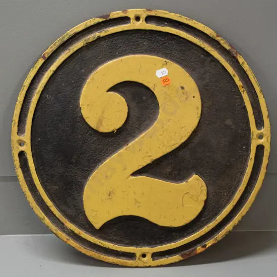 heavy cast iron railway / locomotive plaque with number 2 in yellow - paint wear and some corrosion D-380