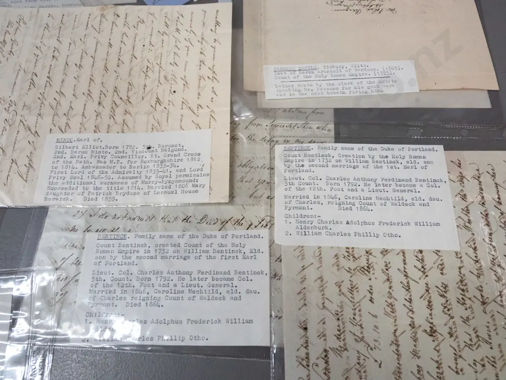 assorted antique letters and documents, 18th and 19th century dates, in plastic sleeves - see photos for family names Image 1++