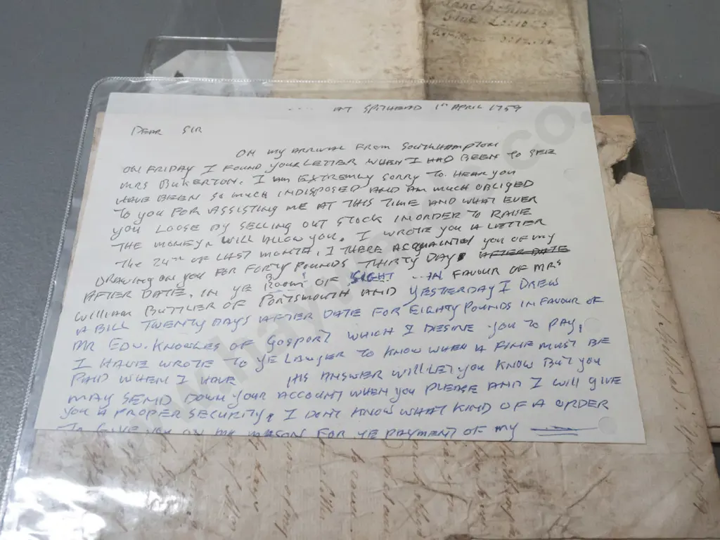 assorted antique letters and documents, 18th and 19th century dates, in plastic sleeves - see photos for family names Image 1++