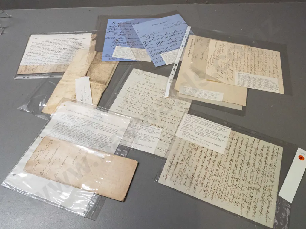 assorted antique letters and documents, 18th and 19th century dates, in plastic sleeves - see photos for family names Image 1++