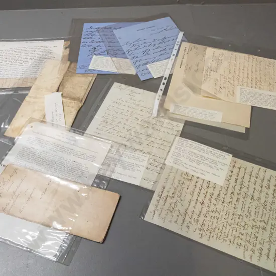 assorted antique letters and documents, 18th and 19th century dates, in plastic sleeves - see photos for family names