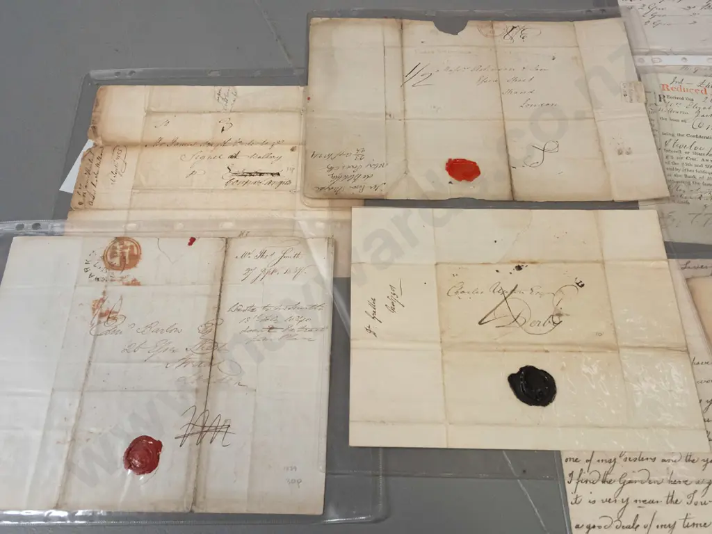 assorted antique letters and documents, 18th and 19th century dates, in plastic sleeves Image 1++