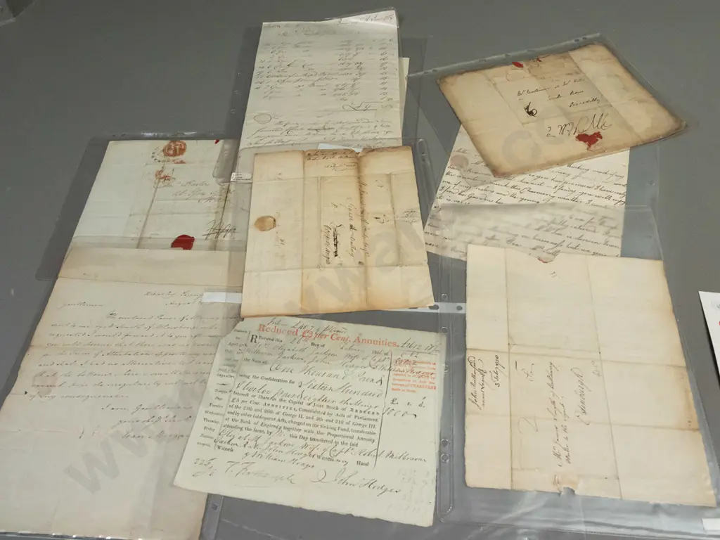 assorted antique letters and documents, 18th and 19th century dates, in plastic sleeves Image 1++