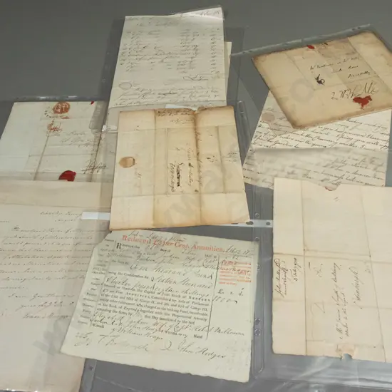 assorted antique letters and documents, 18th and 19th century dates, in plastic sleeves