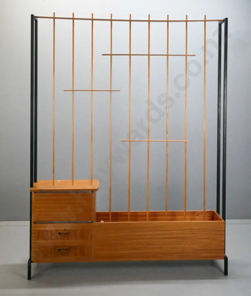 retro mahogany room divider w/ mirror-backed cavity, 2 small drawers & long planter box w/ turned upright lattice. Image 1++