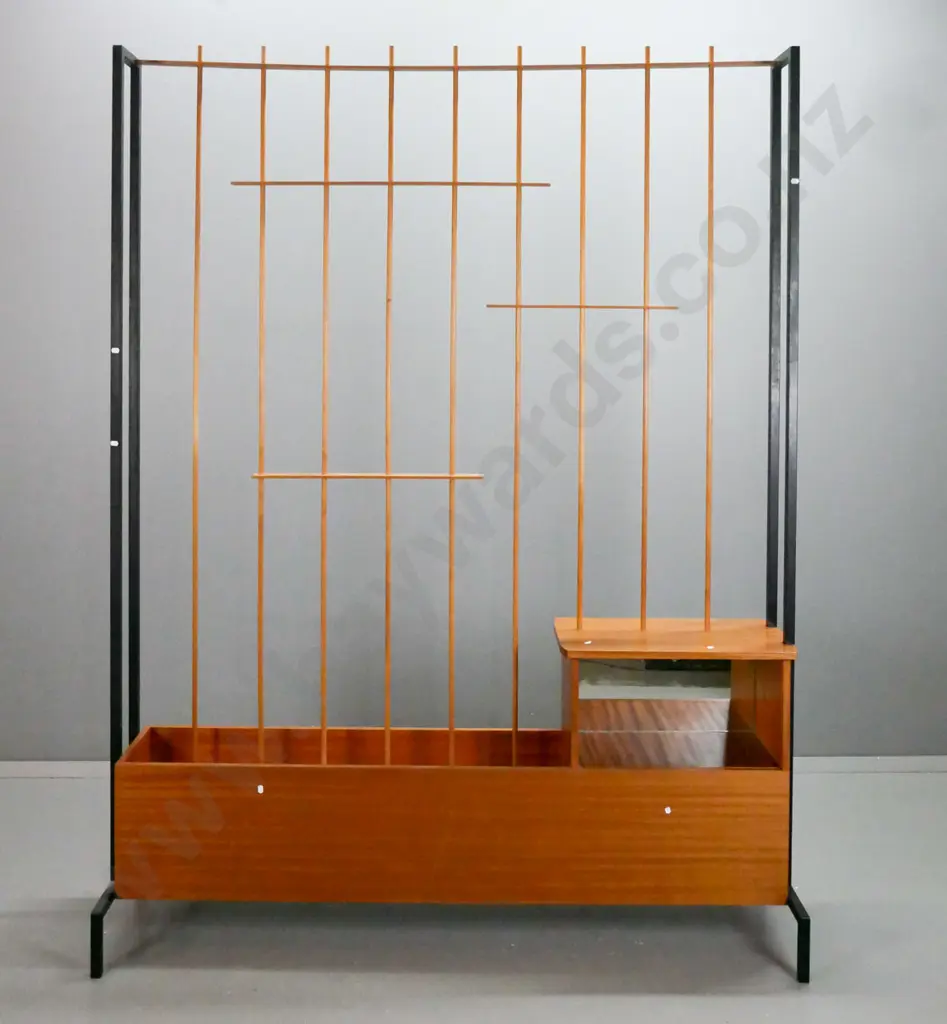 retro mahogany room divider w/ mirror-backed cavity, 2 small drawers & long planter box w/ turned upright lattice. Image 1++