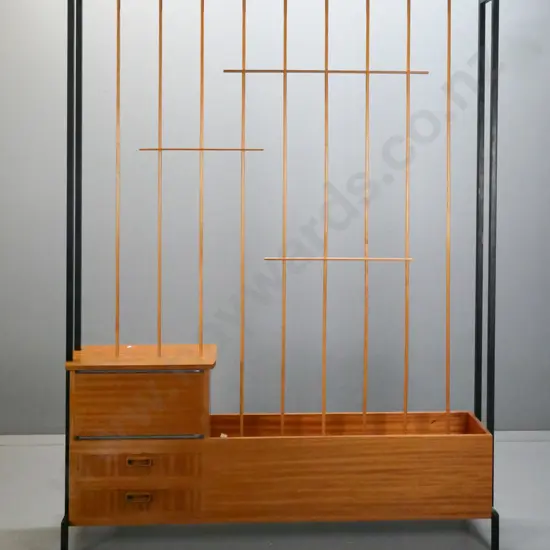 retro mahogany room divider w/ mirror-backed cavity, 2 small drawers & long planter box w/ turned upright lattice.