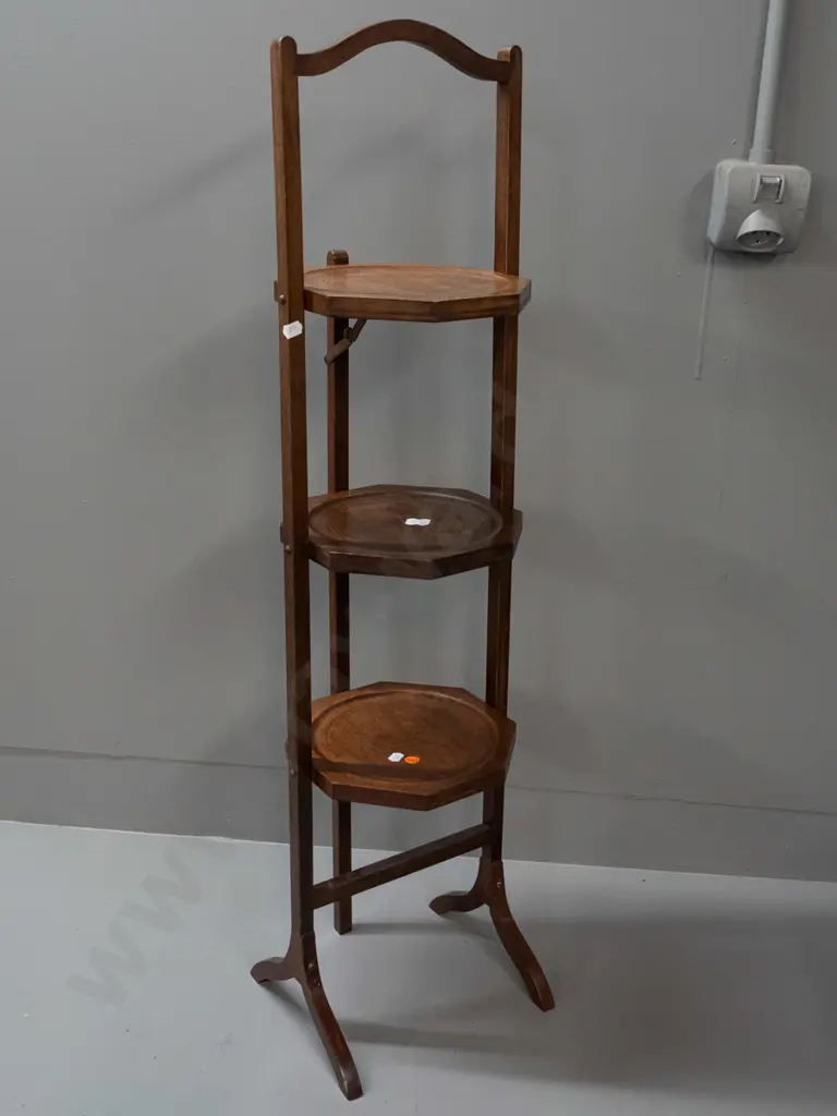 vintage mahogany 3-tier folding cake plate stand with octagonal plate supports. Has had small repair to one leg. H-960 Image 1++