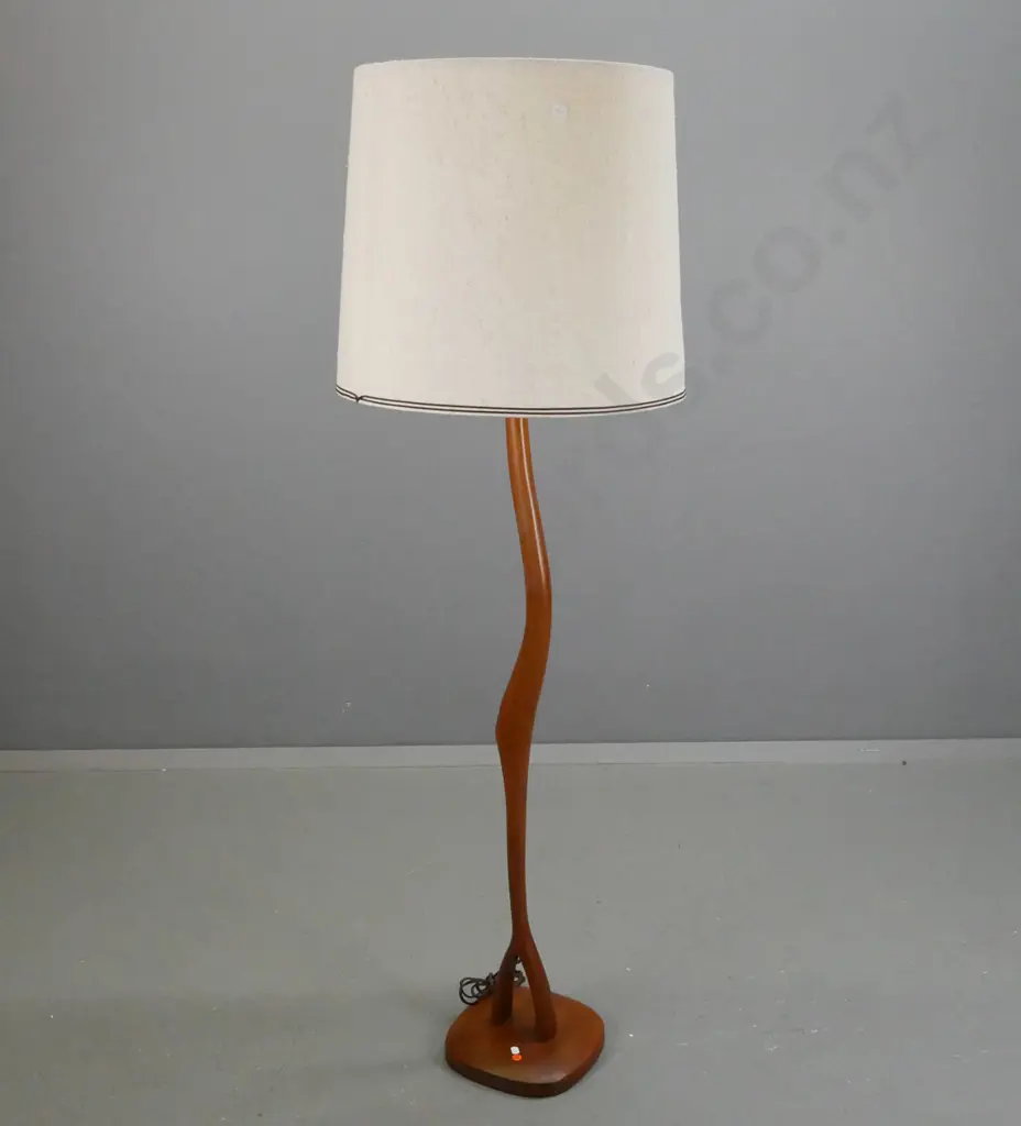 retro teak standard lamp with organic form stem on square base w/fabric shade - breaks to plastic shade lining H-1460 Image 1++