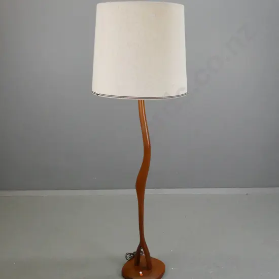 retro teak standard lamp with organic form stem on square base w/fabric shade - breaks to plastic shade lining H-1460