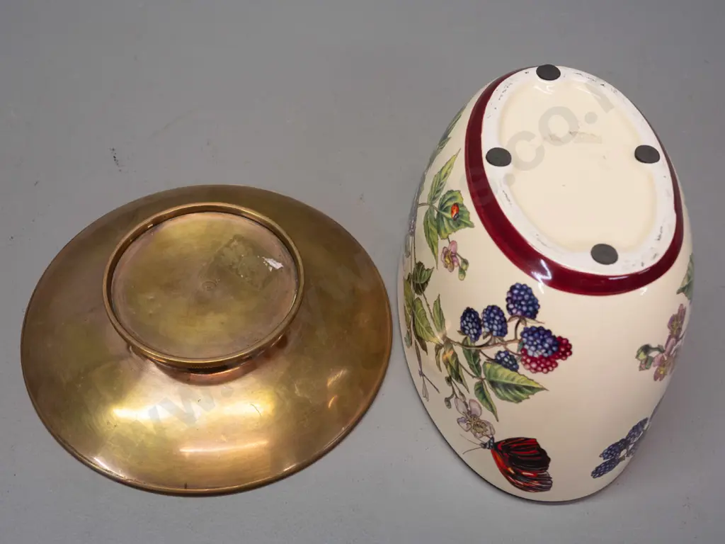 brass dish with iridescent butterfly wing decoration under plastic liner and an oval bowl or planter with berry and Image 1++