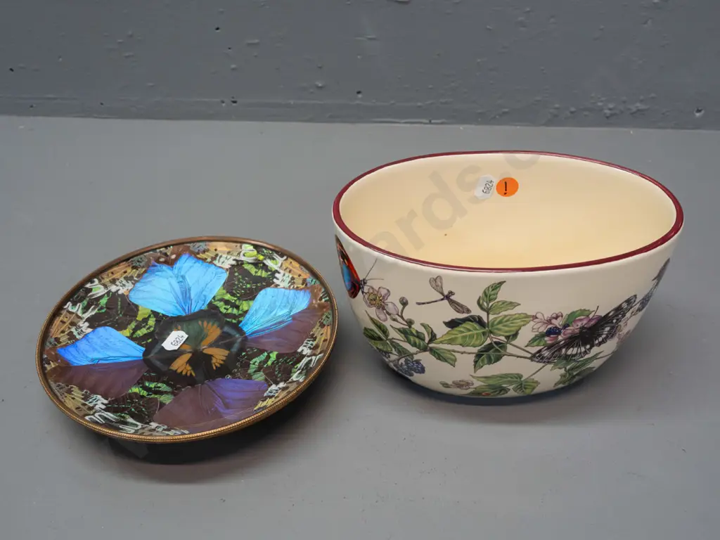 brass dish with iridescent butterfly wing decoration under plastic liner and an oval bowl or planter with berry and Image 1++