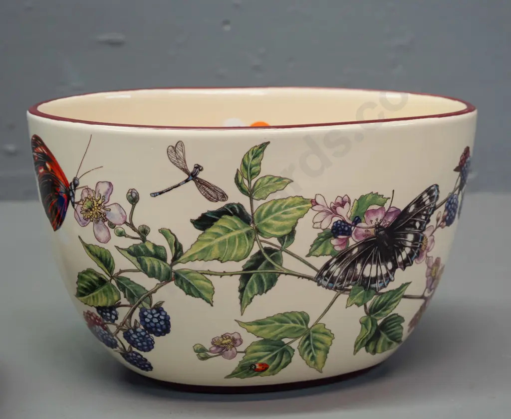 brass dish with iridescent butterfly wing decoration under plastic liner and an oval bowl or planter with berry and Image 1++