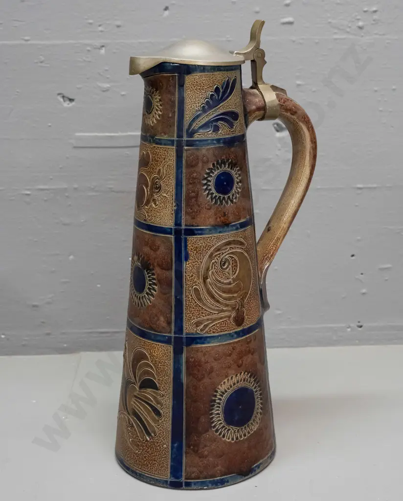 retro German pottery jug with animal & flower motifs w/ pewter tankard-style lid marked 'handarbeit' H-330 Image 1++