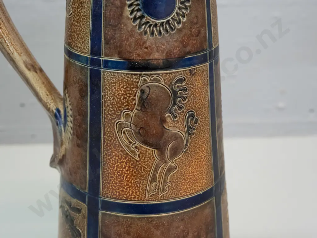 retro German pottery jug with animal & flower motifs w/ pewter tankard-style lid marked 'handarbeit' H-330 Image 1++