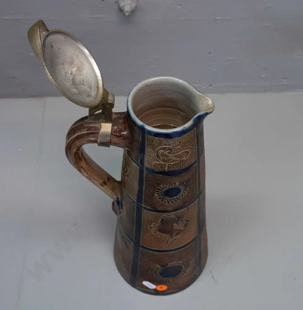 retro German pottery jug with animal & flower motifs w/ pewter tankard-style lid marked 'handarbeit' H-330 Image 1++
