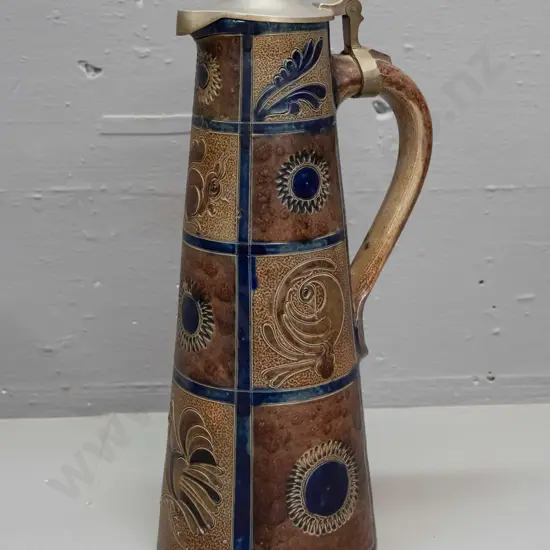 retro German pottery jug with animal & flower motifs w/ pewter tankard-style lid marked 'handarbeit' H-330
