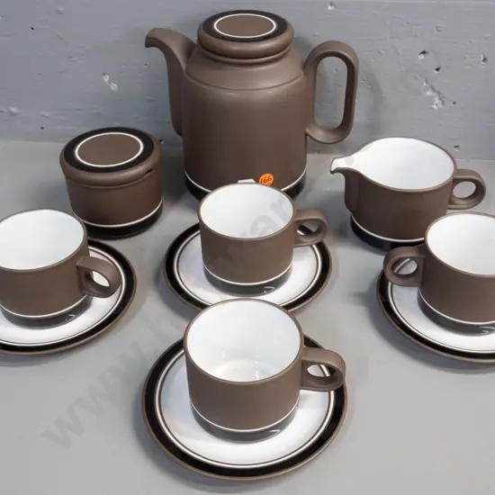 retro Hornsea Vitramic "Contrast" pattern coffee pot, cream, sugar and 4 cups & saucers - coffee pot H-180