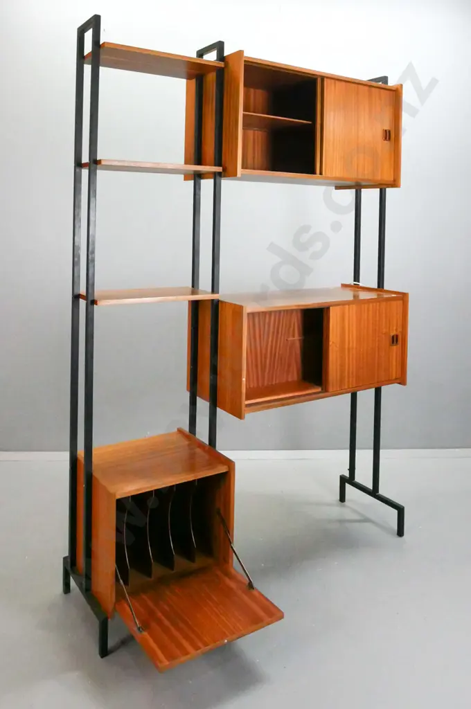 retro mahogany double-sided room divider, mahogany box-section cabinets w/ sliding doors on box-section metal frames, Image 1++