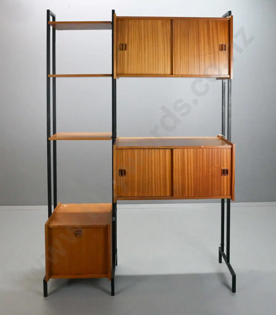 retro mahogany double-sided room divider, mahogany box-section cabinets w/ sliding doors on box-section metal frames, Image 1++